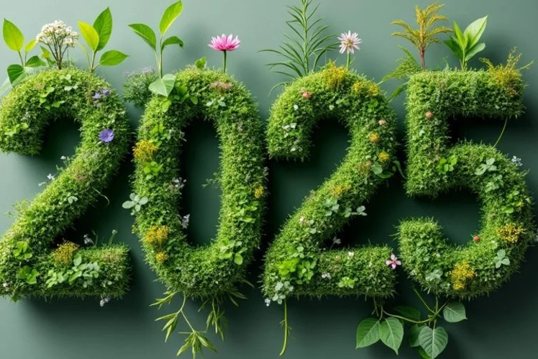 2025 Figures with green vegetation for a sustainable and ecological theme